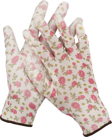 Перчатки GRINDA садовые, прозрачное PU покрытие, 13 класс вязки, бело-розовые, размер L, фото 2