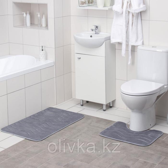 Набор ковриков для ванны и туалета «Волна», 2 шт: 40×50, 50×80 см, цвет серый
