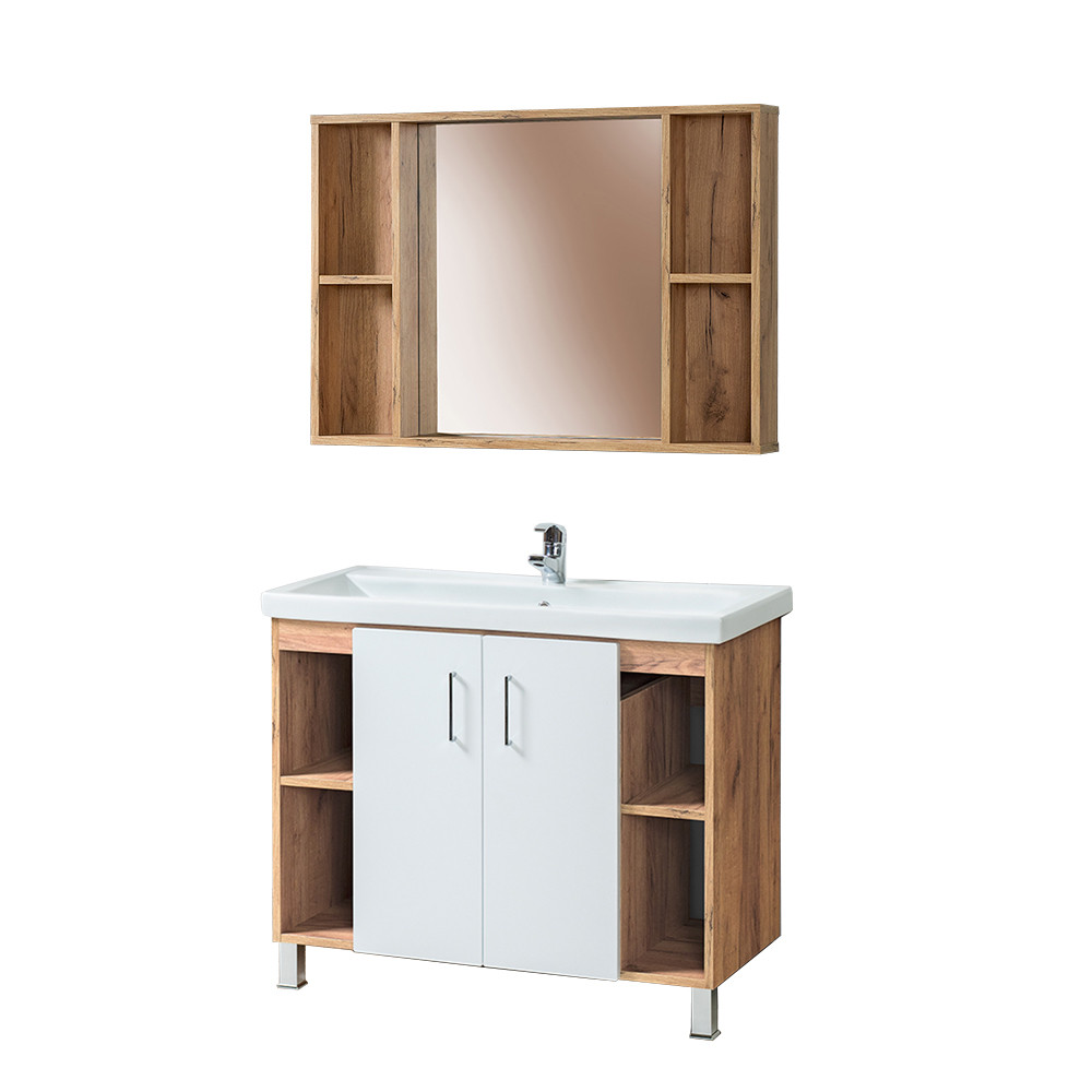 Комплект Тумба для ванной с умывальником и зеркалом «Акваль Лофт» 100 см. белая (Миранда 100)