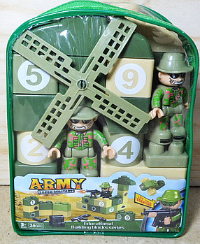 215-23 Конструктор военный в рюкзаке(цифры,мельница+2 солдат)36 деталей,Army Super 20*16см