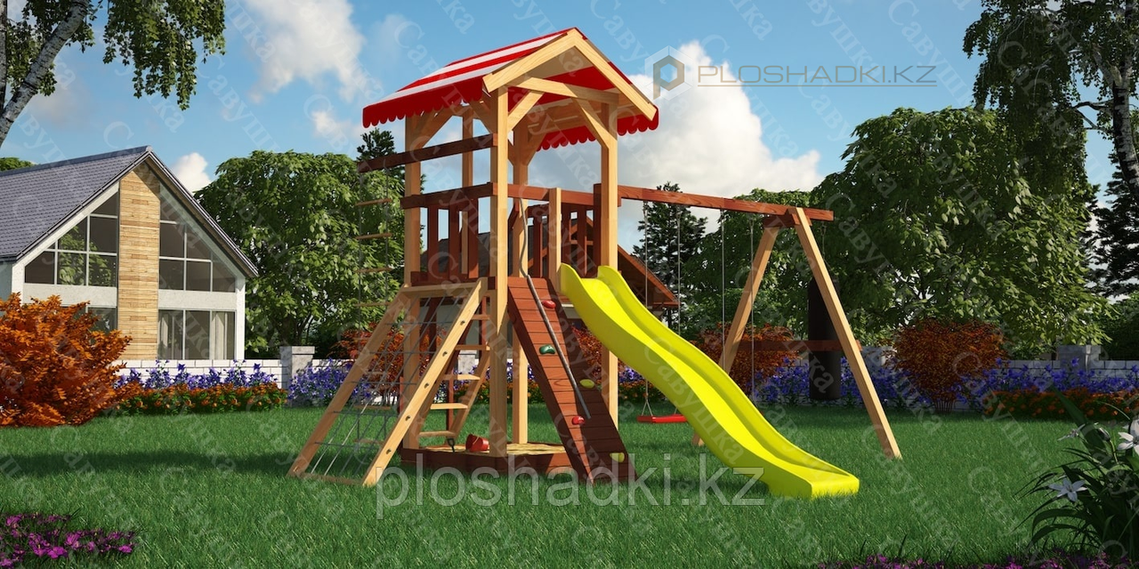 Детская площадка Савушка-4 с пластиковой горкой, качелей, веревочной лестницей.