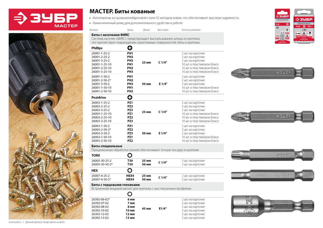 Биты ЗУБР "Мастер" с торцовой головкой, магнитные, Cr-V, тип хвостовика E 1/4", 12х45мм, 2шт - фото 2 - id-p3713244
