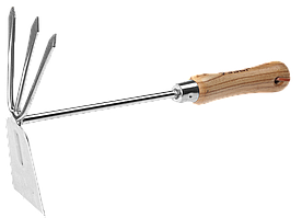 Мотыжка ЗУБР "ЭКСПЕРТ" комбинированная из нерж. стали, деревянная ручка из ясеня, прямое лезвие + 3 зубца,