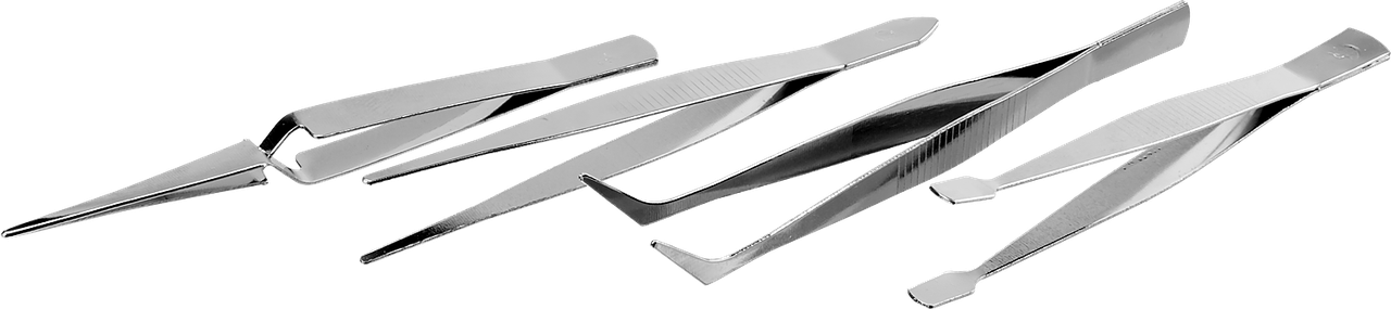Набор ЗУБР: Пинцеты, нержавеющая сталь, прямой, заостренные губки, изогнутый, самозажимной прямой, плоские и