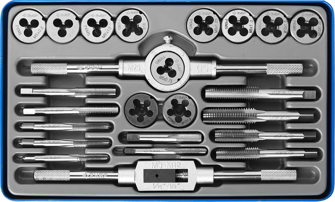 ЗУБР 24 предмета, набор метчиков и плашек, сталь Р6М5
