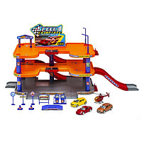 Игрушка игровой набор Гараж,  3 уровня, включает 3 машины и вертолет