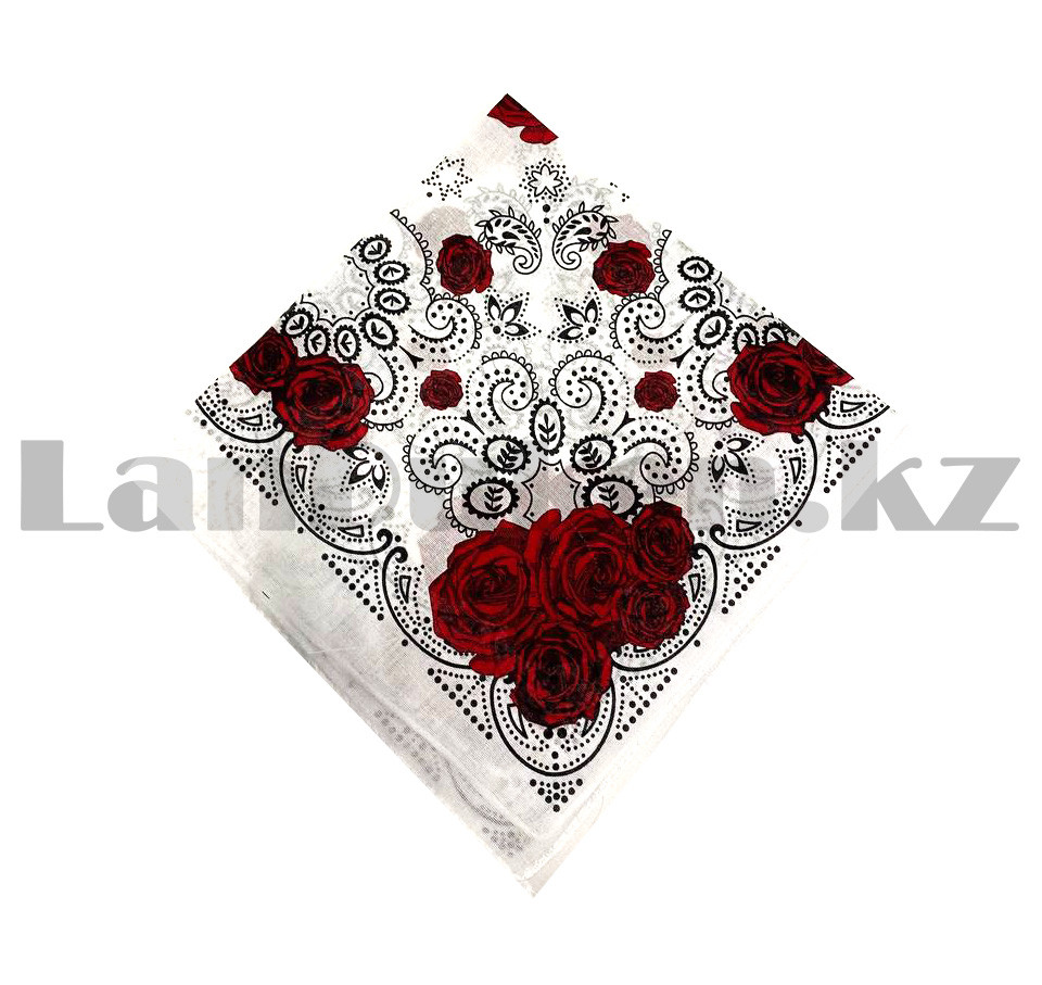 Бандана платок хлопковая с узором и розой квадратная 53х53 см белая - фото 3 - id-p85698547