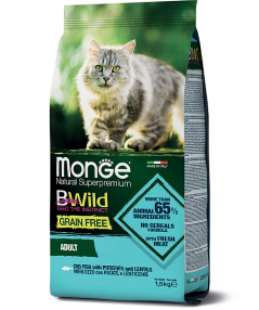 2058 Monge Bwild GF Cat Merluzzo, Монже, беззерновой корм для взрослых кошек с треской, уп. 1,5кг.