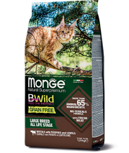 2065 Monge Bwild GF Cat Buffalo, Монже, беззерновой корм для взрослых кошек с мясом буйвола, уп. 1,5кг.