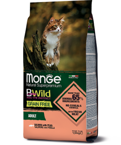 2072 Monge Bwild GF Cat Salmon, Монже, беззерновой корм для взрослых кошек с лососем, уп. 1,5кг.