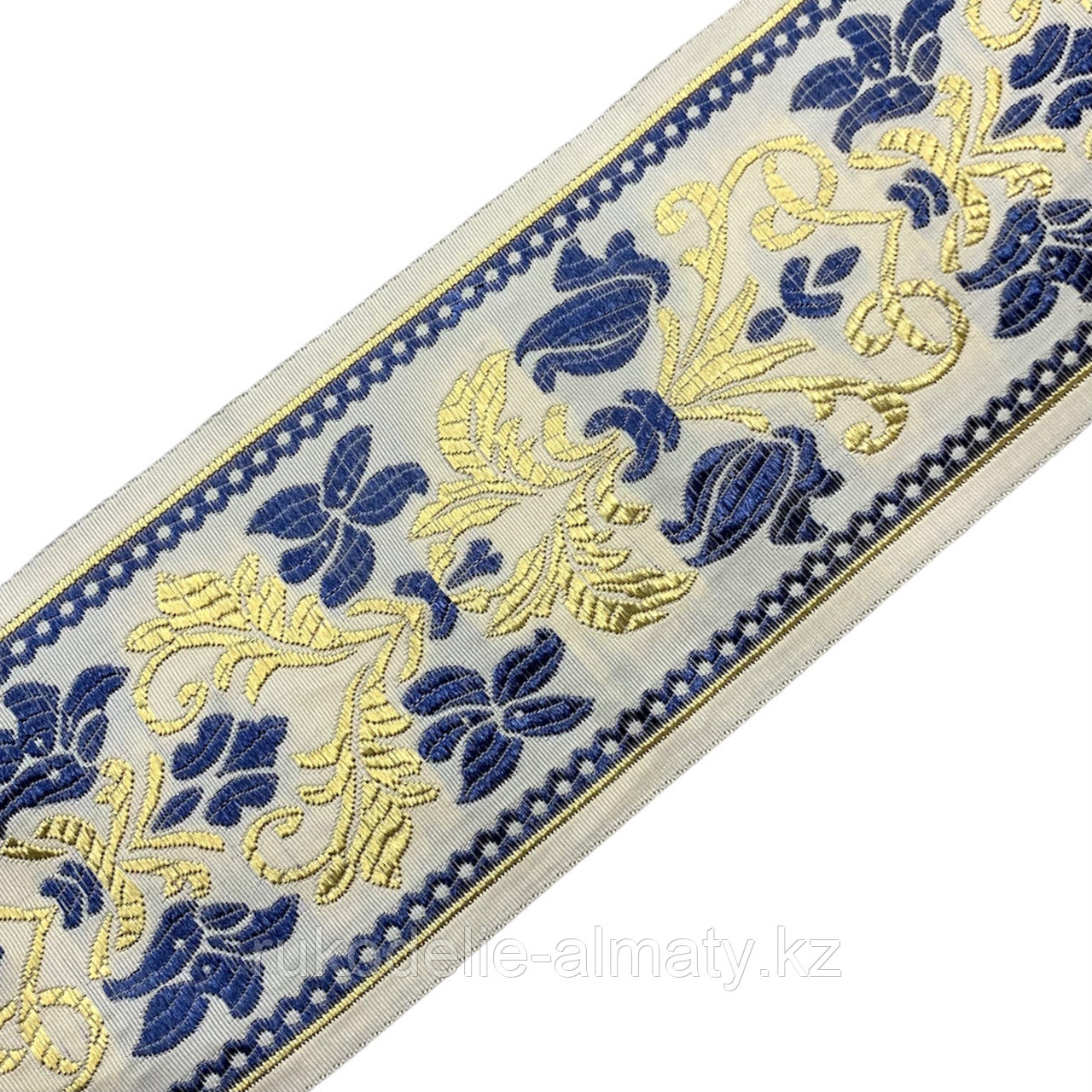 Лента декоративная жаккардовая с цветочными мотивами 90 мм, #906 сине-золотой - фото 2 - id-p85960367