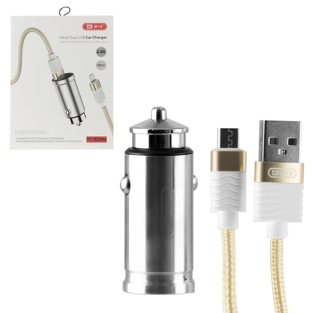 Автомобильное зарядное устройство BYZ YL-823m с кабелем Micro USB 2XUSB 2.4A, Silver
