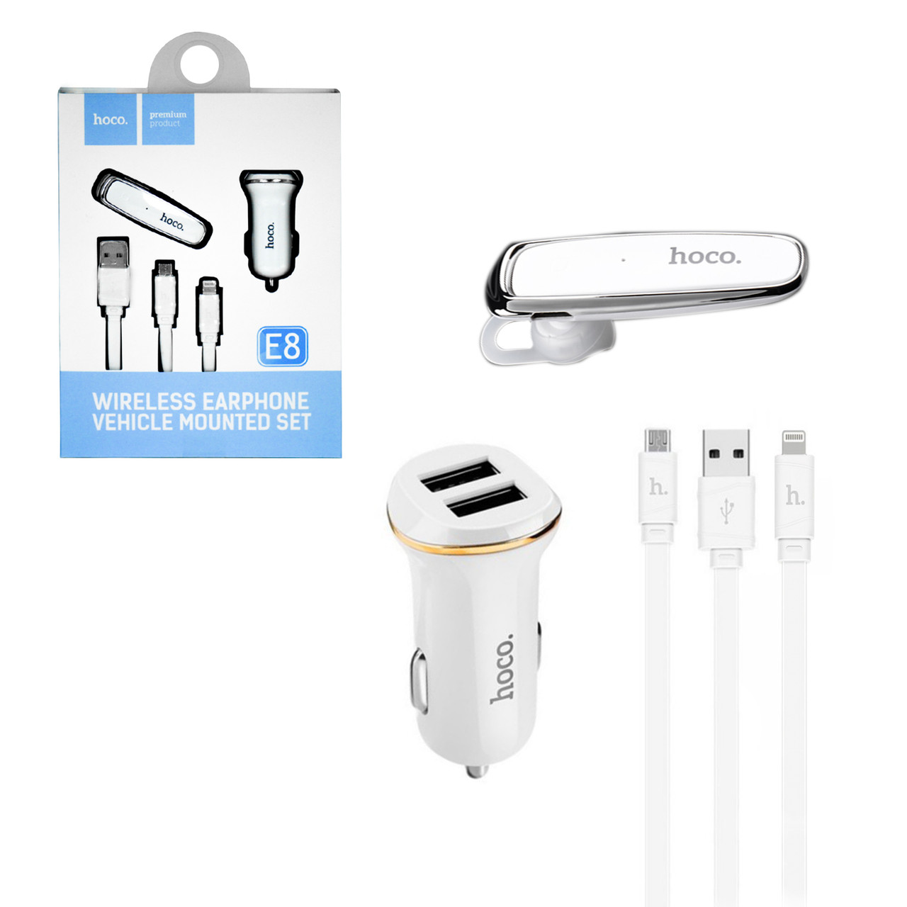Набор Hoco E8 Bluetooth гарнитура + автомобильное зарядное устройстово White