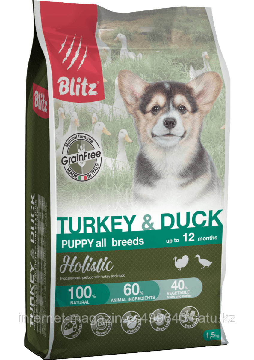 Беззерновой корм для щенков всех пород Blitz Holistic Turkey & Duck Puppy All Breeds Grain Free индейка, утка