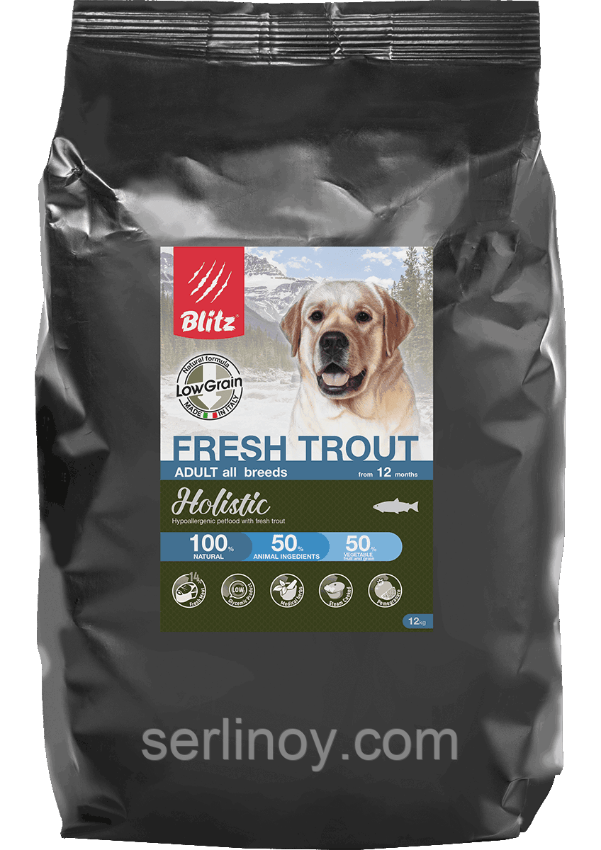 Низкозерновой сухой корм для собак всех пород Blitz Holistic Fresh Trout Adult Dog (Low Grain) свежая форель