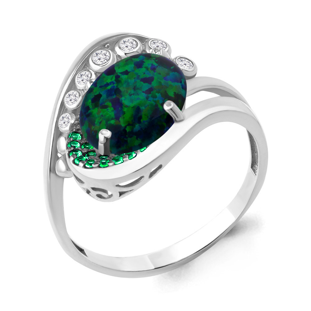Кольцо AQUAMARINE серебро с родием, нано изумруд опал фианит, модное 6900096Г.5