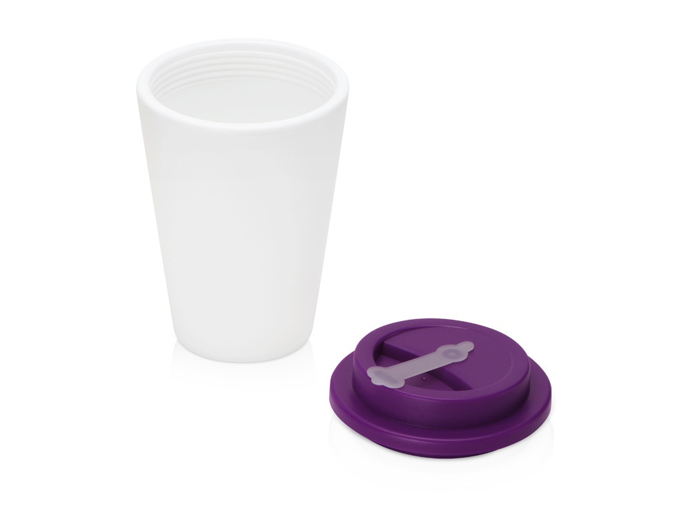 Пластиковый стакан Take away с двойными стенками и крышкой с силиконовым клапаном, 350 мл, белый/фиолетовый - фото 2 - id-p86422999