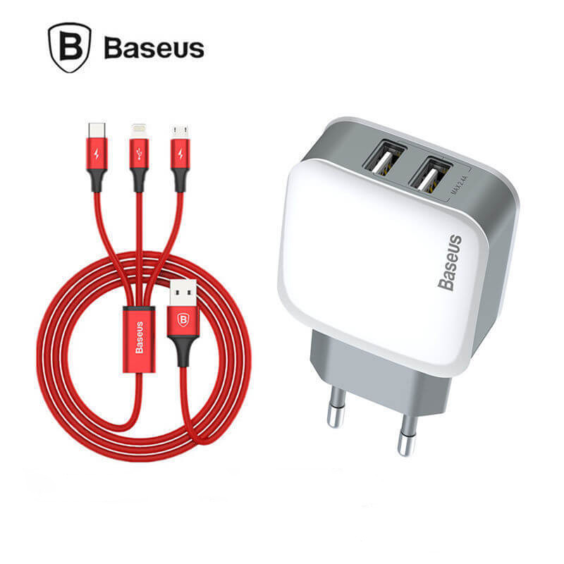 Сетевое зарядное устройство Baseus TZCL-D92 Dual USB Charger 3-in1 Cable (iP+Micro+Type-C) White/Red