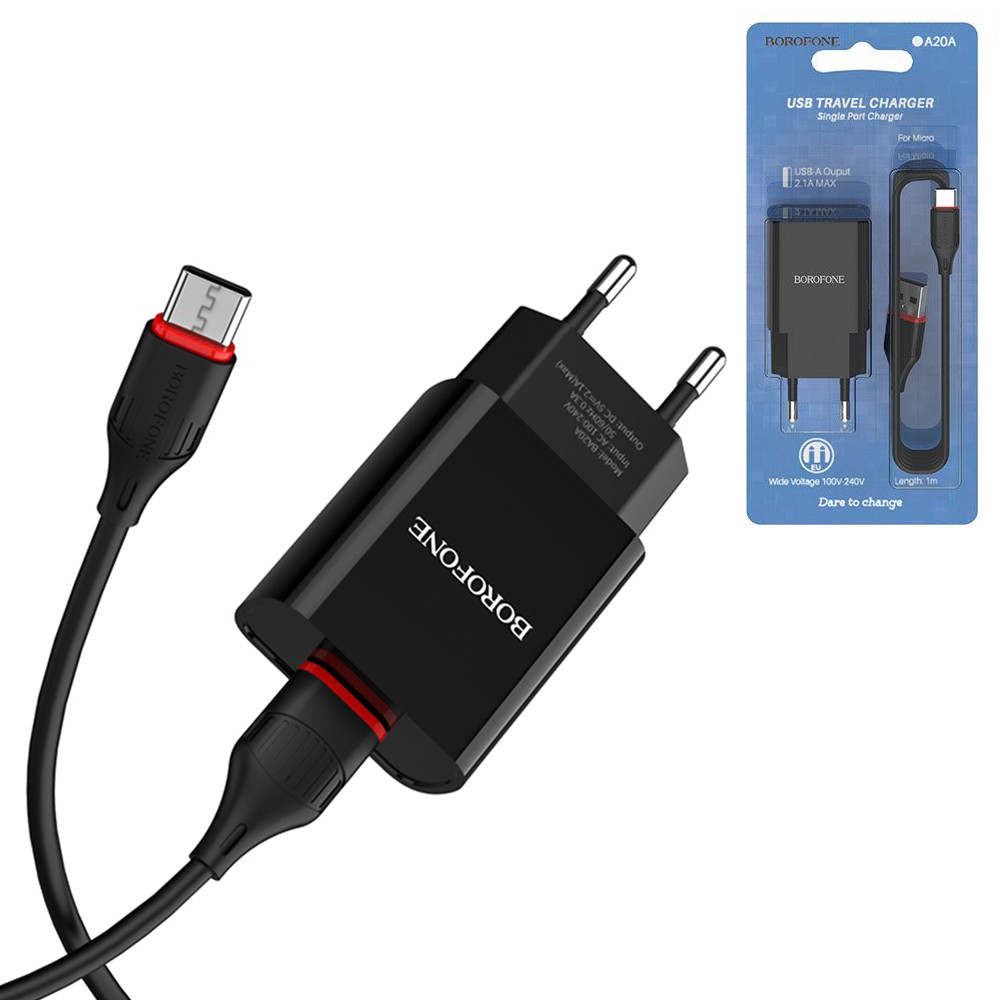 Сетевое зарядное устройство Borofone BA20A 1xUSB 5V-2.1A + кабель micro usb Black