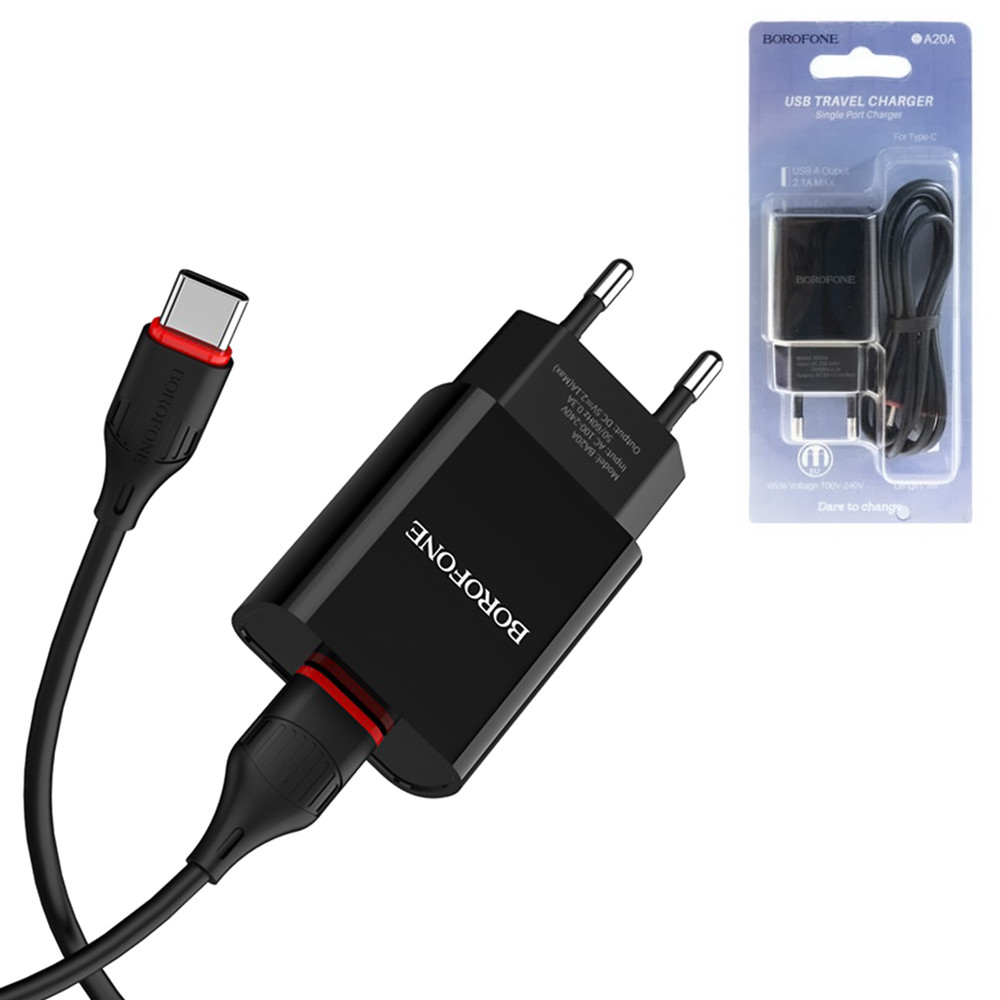 Сетевое зарядное устройство Borofone BA20A 1xUSB 5V-2.1A + кабель Type-C, Black