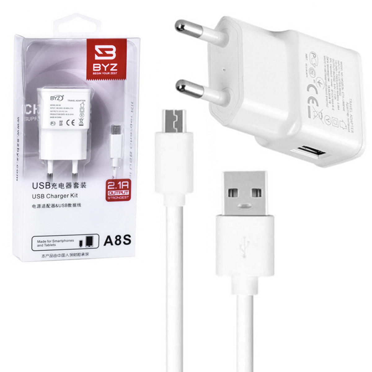 Сетевое зарядное устройство BYZ A8S с кабелем micro USB 2.1A White