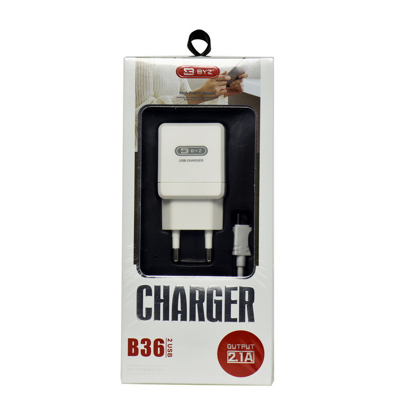Сетевое зарядное устройство BYZ B36 2 USB с кабелем micro USB 2.1A White