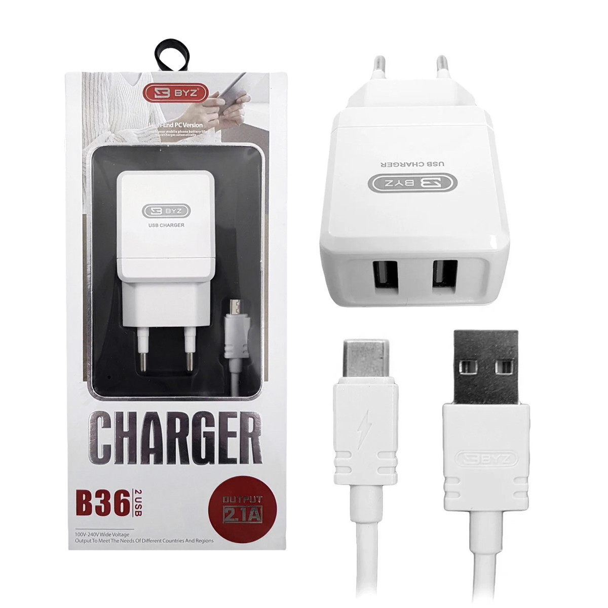 Сетевое зарядное устройство BYZ B36 2 USB с кабелем Typ-C 2.1A, White