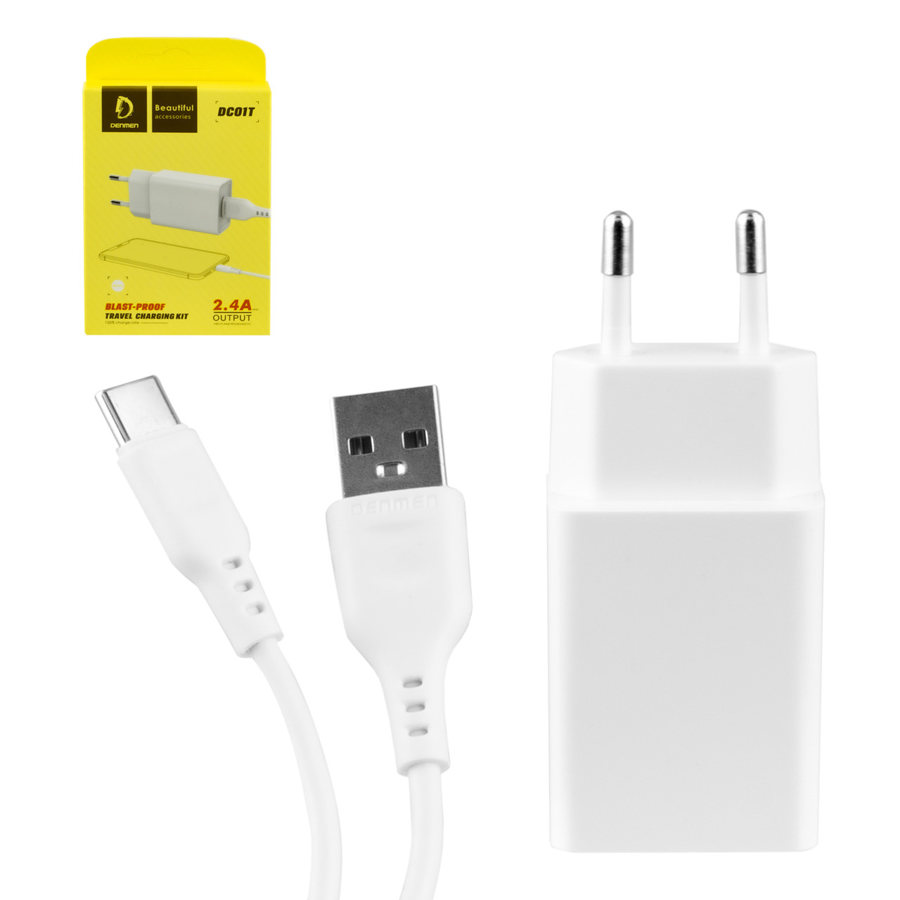 Сетевое зарядное устройство Denmen DC01T + кабель Type-C 2.4A, White