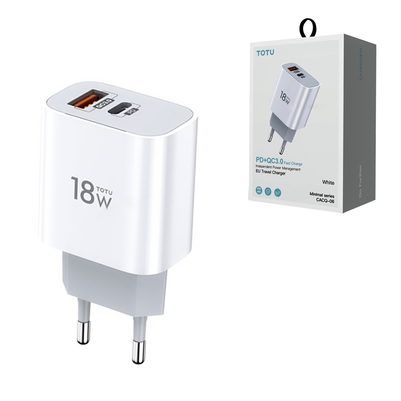 Сетевое зарядное устройство Totu Minimal Series CACQ-06 PD+QC3.0 18W, White