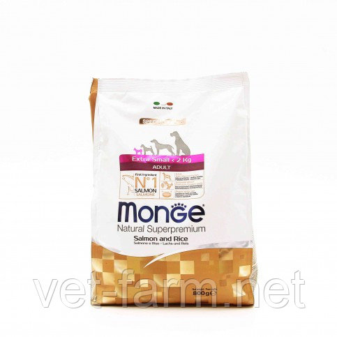 MONGE SUPERPREMIUM DOG EXTRA SMALL ADULT Корм Для Собак Мелких Пород С Лососем И Рисом 800 Г