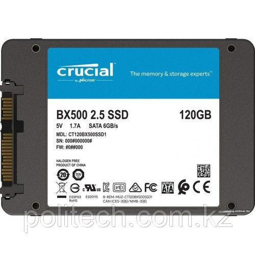 Твердотельный накопитель 120GB SSD Crucial BX500 2.5” SATA3 R540Mb/s, W500MB/s 7mm CT120BX500SSD1