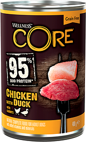 Влажный беззерновой корм для собак всех пород Wellness Core 95 курица с уткой и морковью