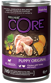 Влажный беззерновой корм для щенков всех пород Wellness Core 95 курица с индейкой и тыквой