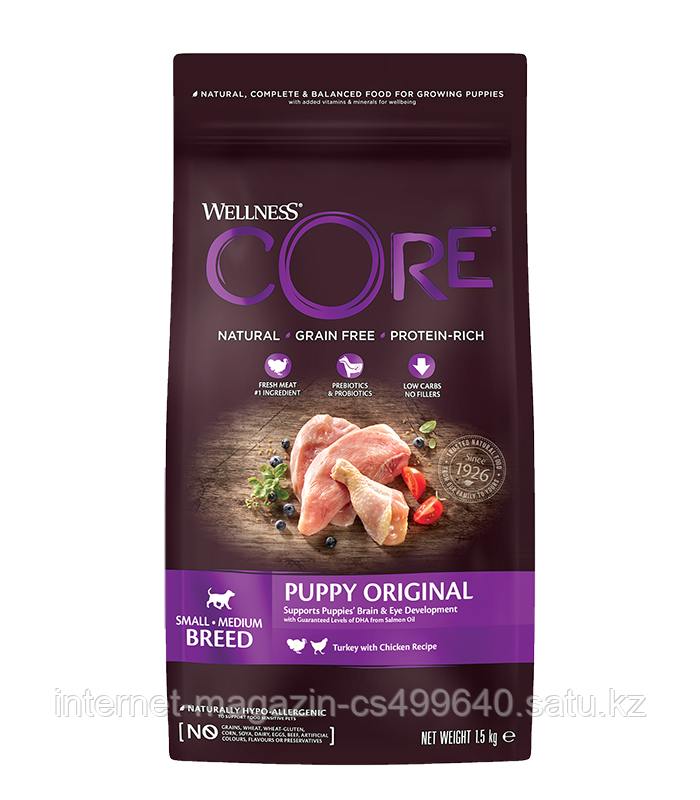 Сухой беззерновой корм для щенков мелких и средних пород Wellness Core Puppy с индейкой и курицей