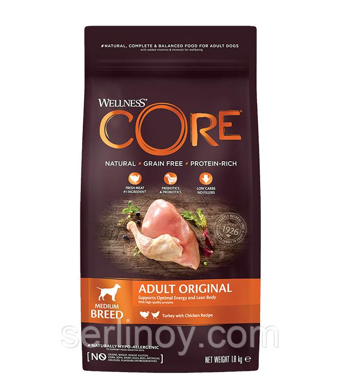 Сухой беззерновой корм для собак средних пород Wellness Core Adult Original с индейкой и курицей