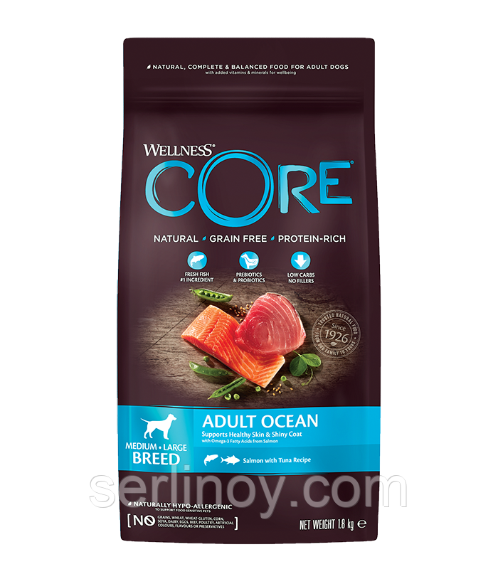Сухой беззерновой корм для собак средних и крупных пород Wellness Core Adult Ocean лосось с тунцом