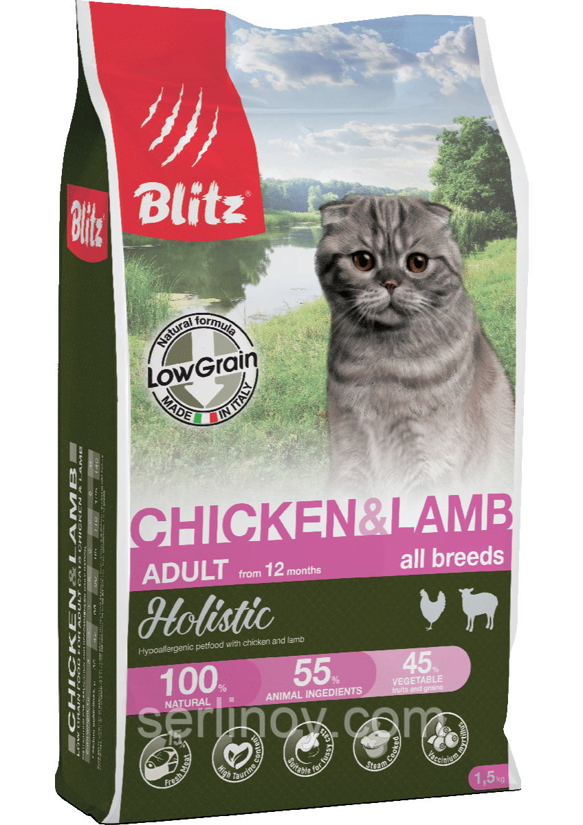 Низкозерновой сухой корм для кошек всех пород Blitz Holistic Cat Chicken&Lamb курица ягненок