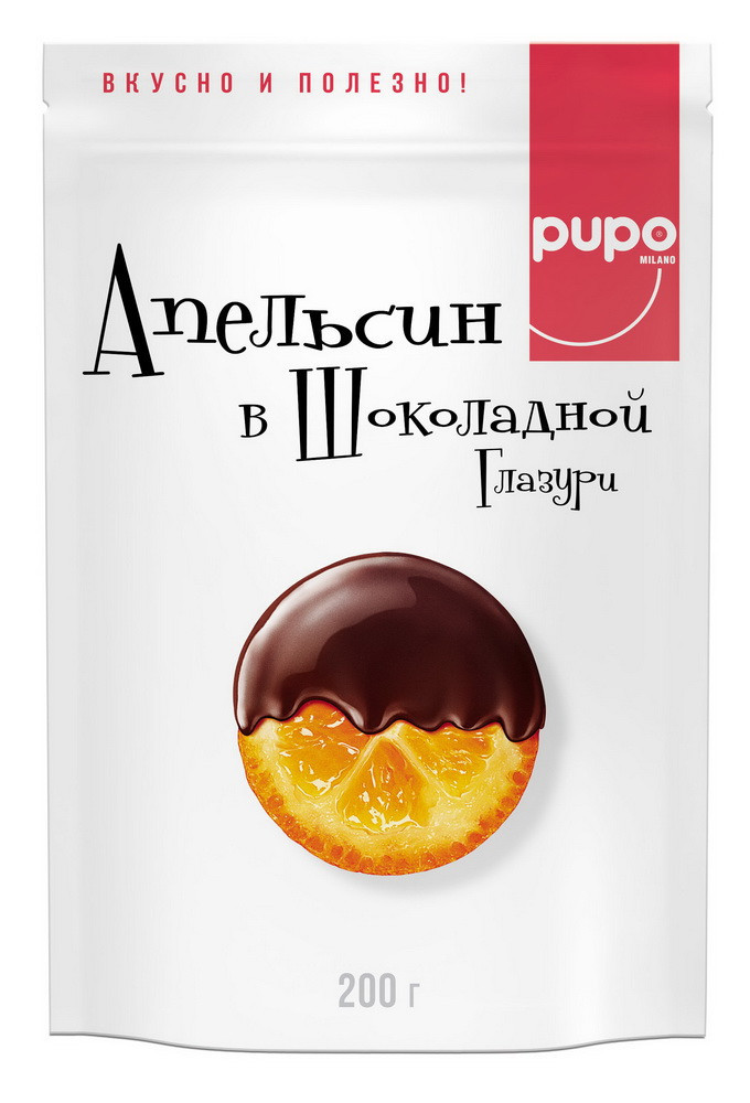 Фрукты сушенные в шоколадной глазури PUPO "Апельсин" 200гр Дой-пак (10шт - упак) - фото 1 - id-p86795710