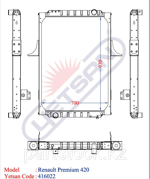 Радиатор водяной 970 x 700 x 50 на / для RENAULT, РЕНО, YETSAN 416022