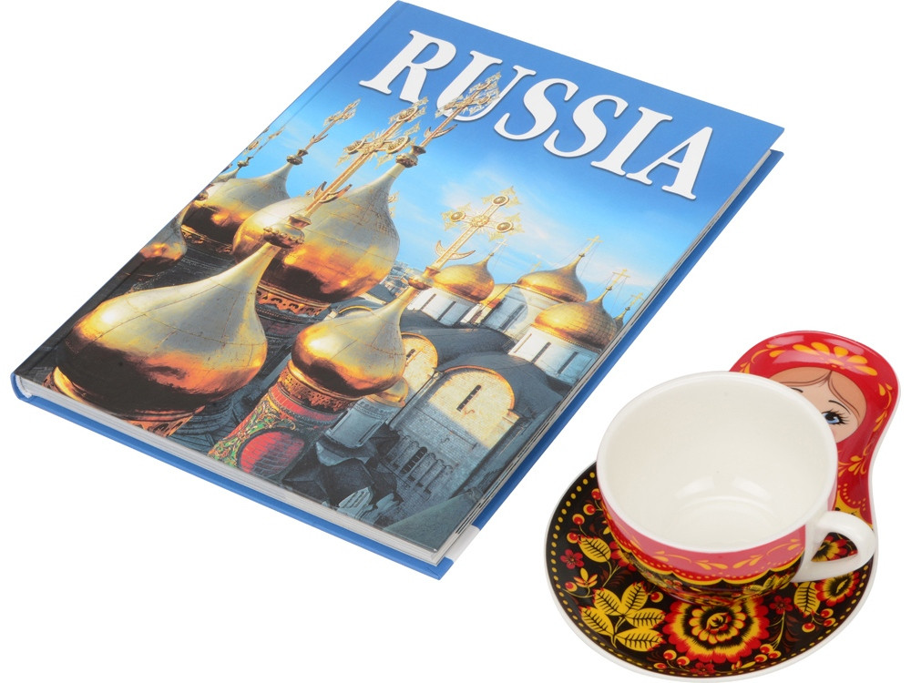 Набор Моя Россия: чайно-кофейная пара Матрешка, хохлома и книга Россия на англ. языке