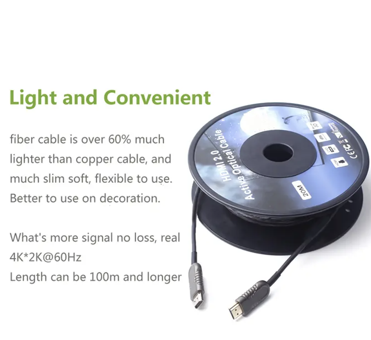 10Meter to 100Meter Long HDMI Fiber Cable HDMI2.0 HDMI2.1 4K 8K Active optical fiber cable - фото 2 - id-p86968831
