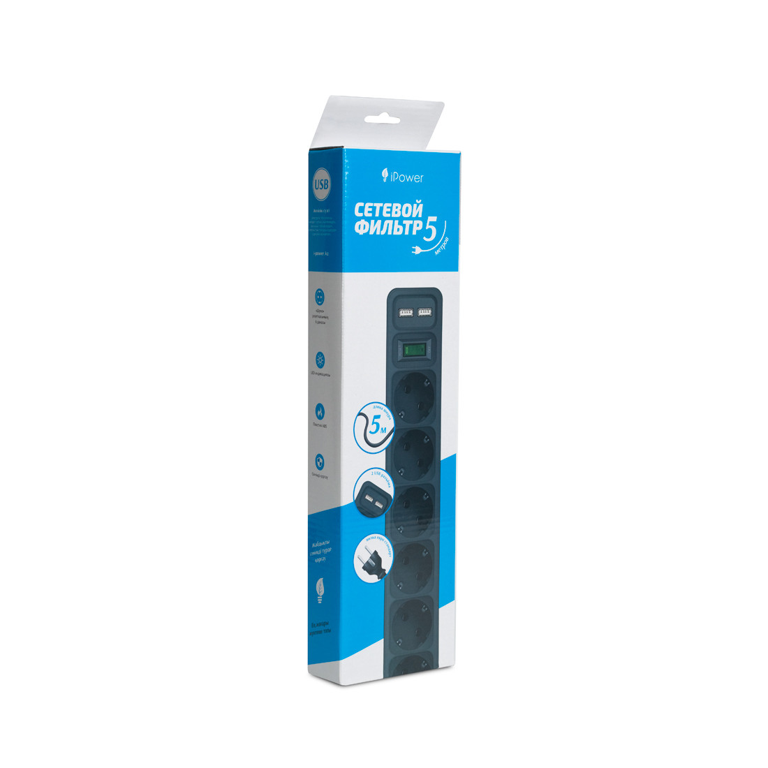 Сетевой фильтр iPower iPEO5m-USB 5 м. 220 в.