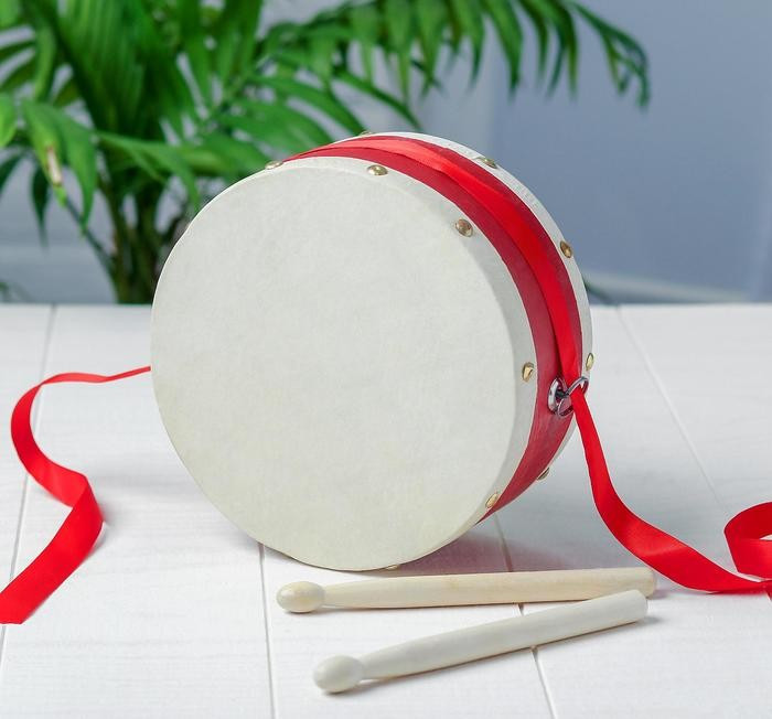Музыкальная игрушка Маршевый Барабан, на веревке с 2 палочками, 16,3*7,5 см.