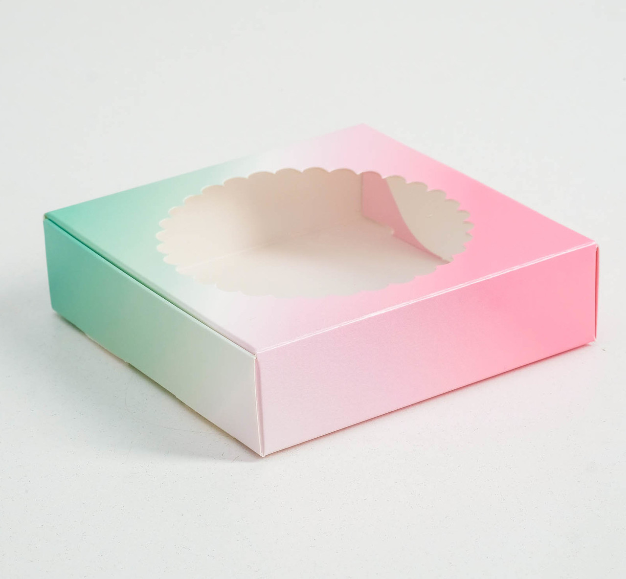 Подарочная коробка сборная с окном, розово-зеленая, 11,5 х 11,5 х 3 см