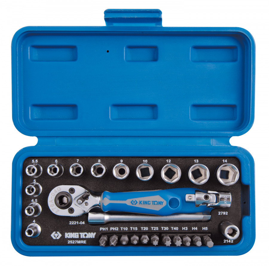 KING TONY Набор торцевых головок с принадлежностями 1/4", шестигранные, 4-14 мм, 27 предметов KING TONY, фото 1