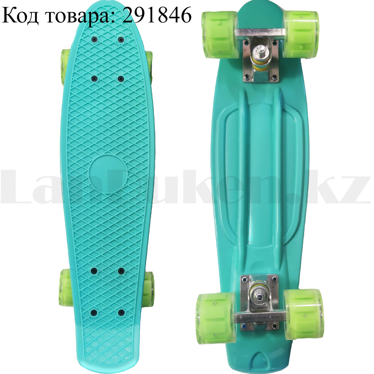 Пенни борд подростковый 56*15 Penny Board с гелевыми светящимися зелеными колесами бирюзовый - фото 1 - id-p87165951