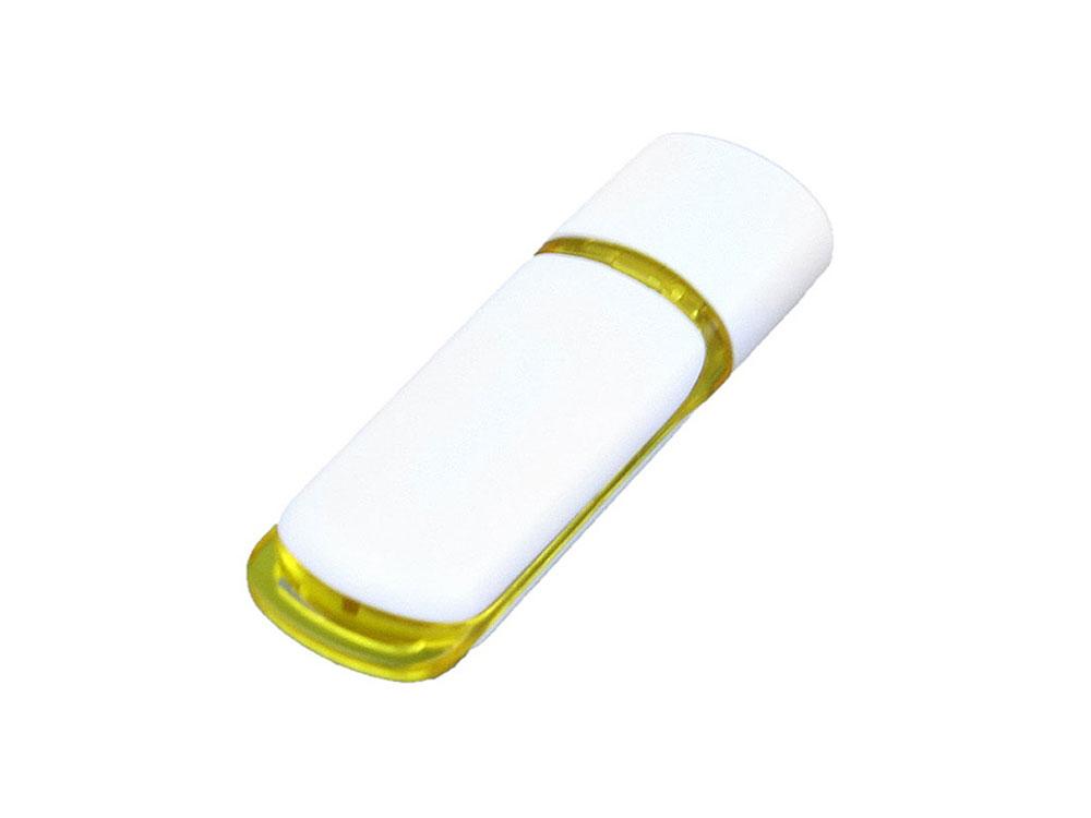 Флешка промо прямоугольной классической формы с цветными вставками, 64 Гб, белый/желтый