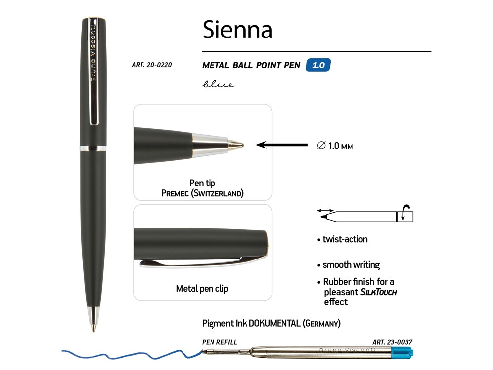 Ручка Sienna шариковая автоматическая, черный металлический корпус, 1.0 мм, синяя - фото 3 - id-p87182043