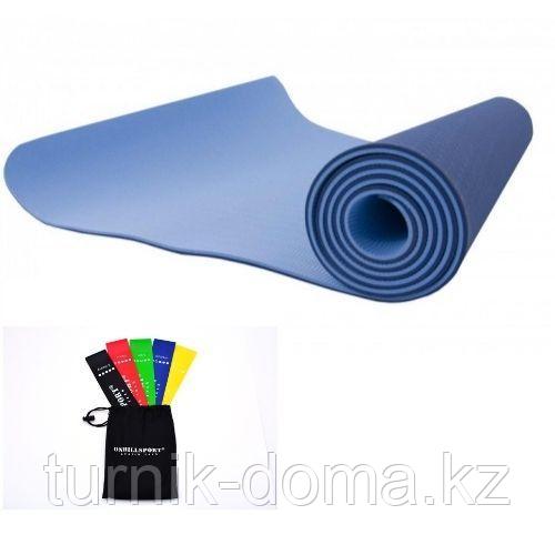 Антибактериальный коврик для фитнеса, йоги GO SPORT, 6 мм, сине-голубой + набор резинок 5 в 1, комплект - фото 1 - id-p87190271