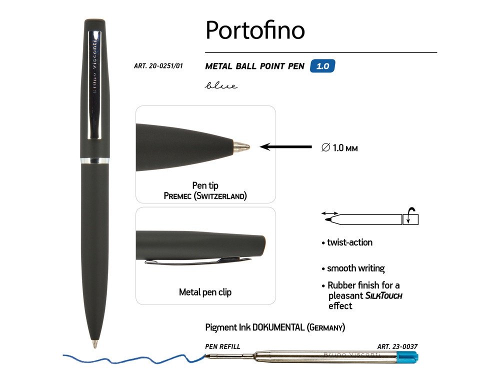 Ручка Portofino шариковая автоматическая, черный металлический корпус, 1,0 мм, синяя - фото 3 - id-p87184311